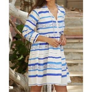 ASPIGA Sophia Cotton Kaftan Dress Blue Multi 3/4 Sleeve V Neck Tassel Tie NWT XS